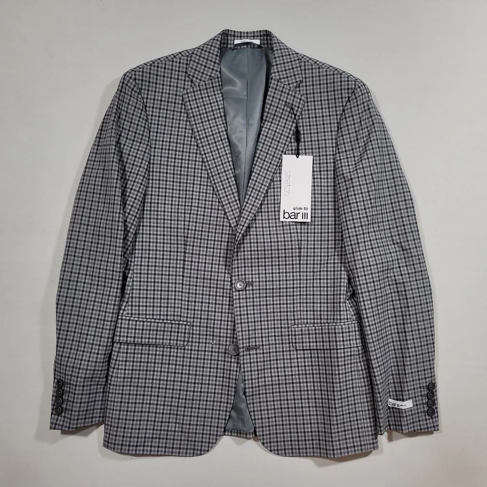 Bar III Slim Fit Suit Mens 38R 38 2 Piece Pants 28x30 Grey Check $395‎ NEW